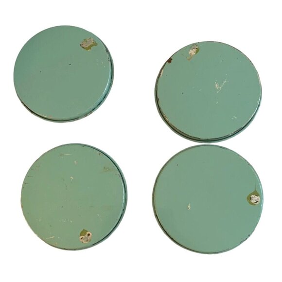 4 Vintage Hand Painted Toleware Robins Egg Blue Floral COASTER SET Metal w Glass - Picture 7 of 8